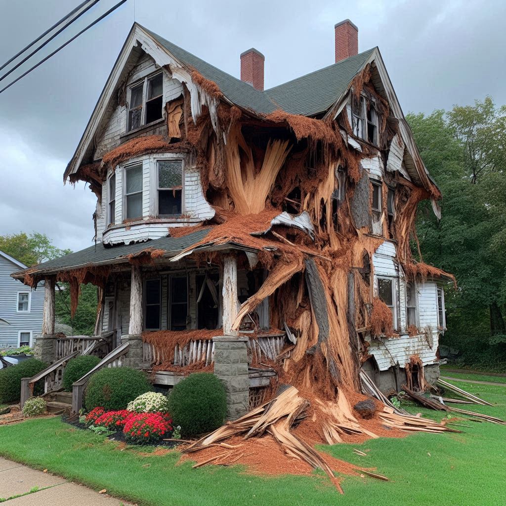 Damaged tree on an Western Springs home showing signs of disease and decay